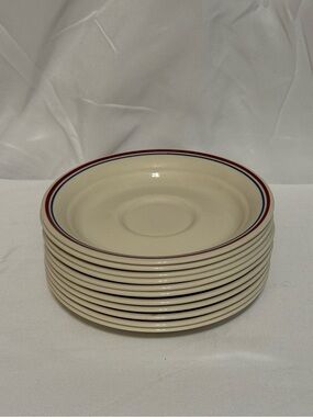 Corelle Cream Saucer Set with Red and Blue Rim Accents